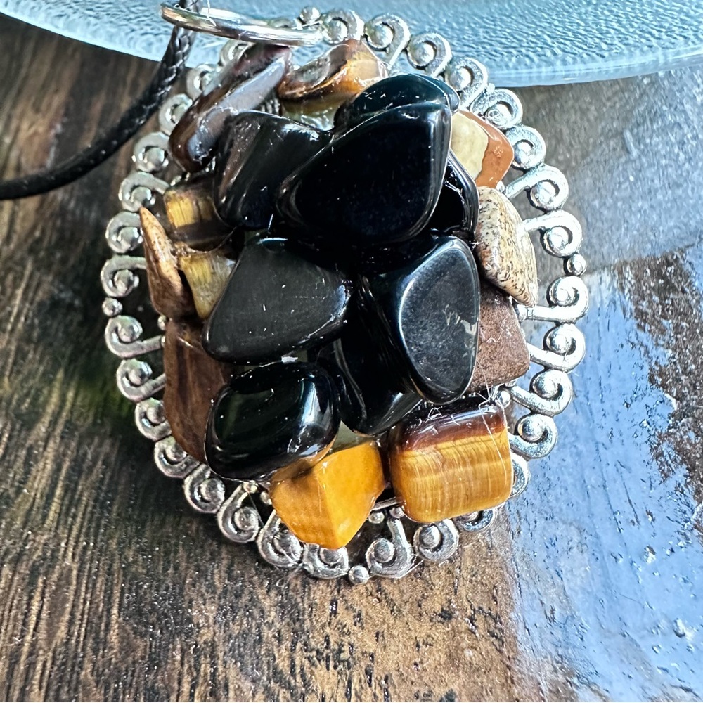 Handmade Black Jasper Multi-Stone Pendant Necklace with Tiger Eye Accents